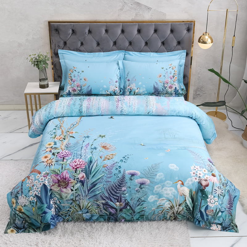 Ligneur de lit de fleur de fleur en bleu (coton 100% égyptien)