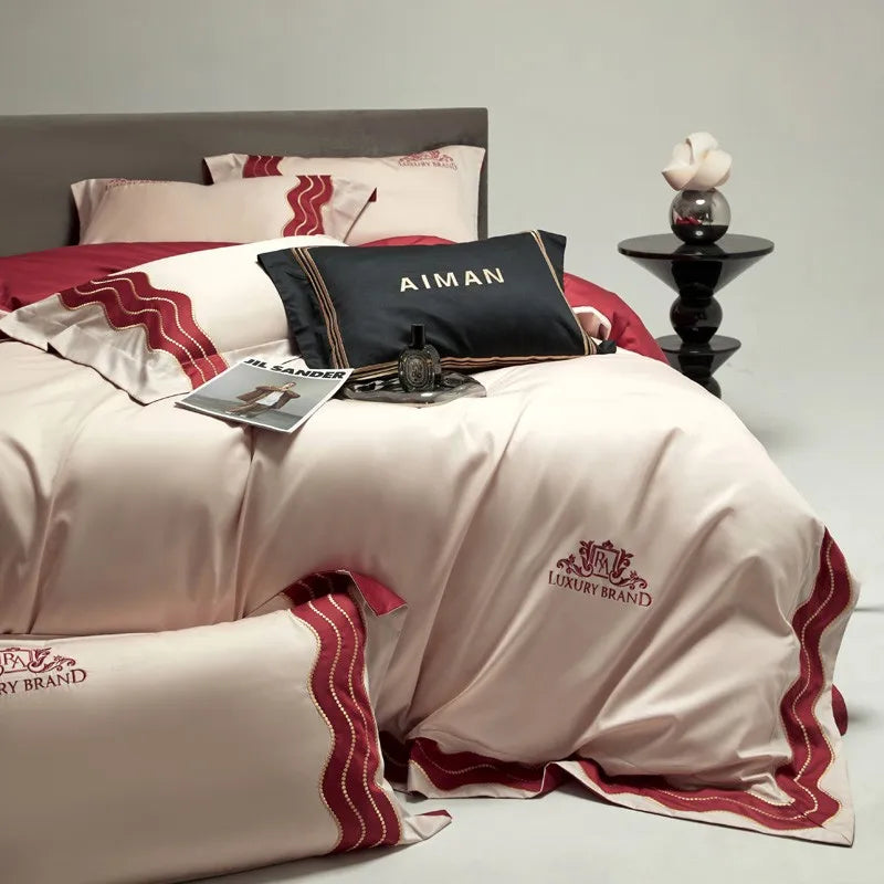 Couverture de lit de marque de luxe Red beige (100% coton égyptien)