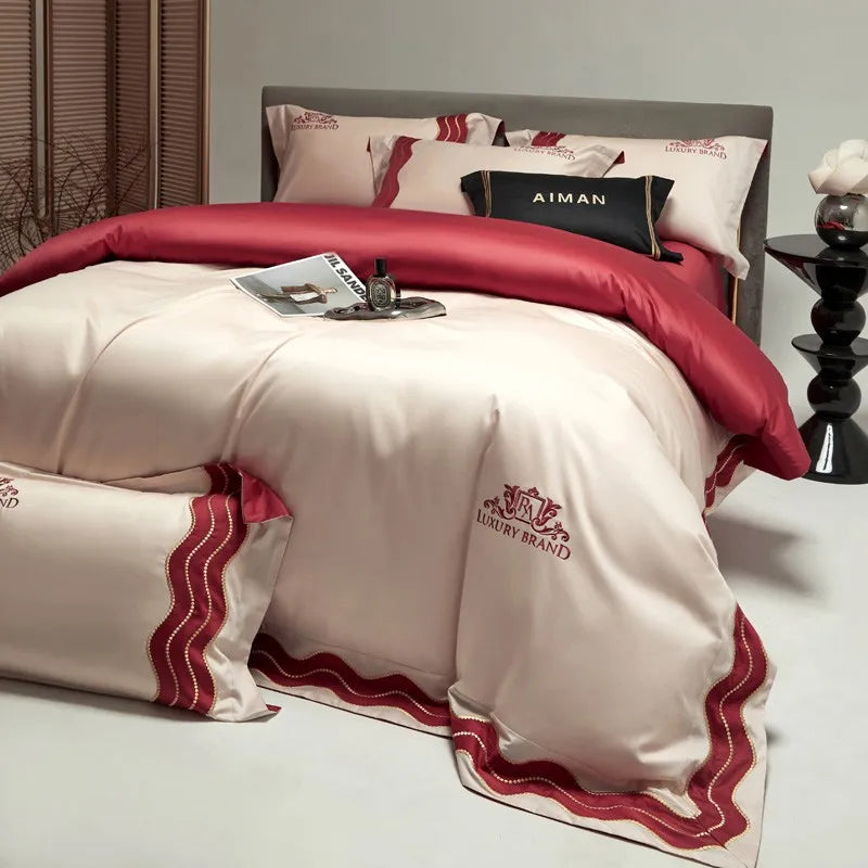Couverture de lit de marque de luxe Red beige (100% coton égyptien)
