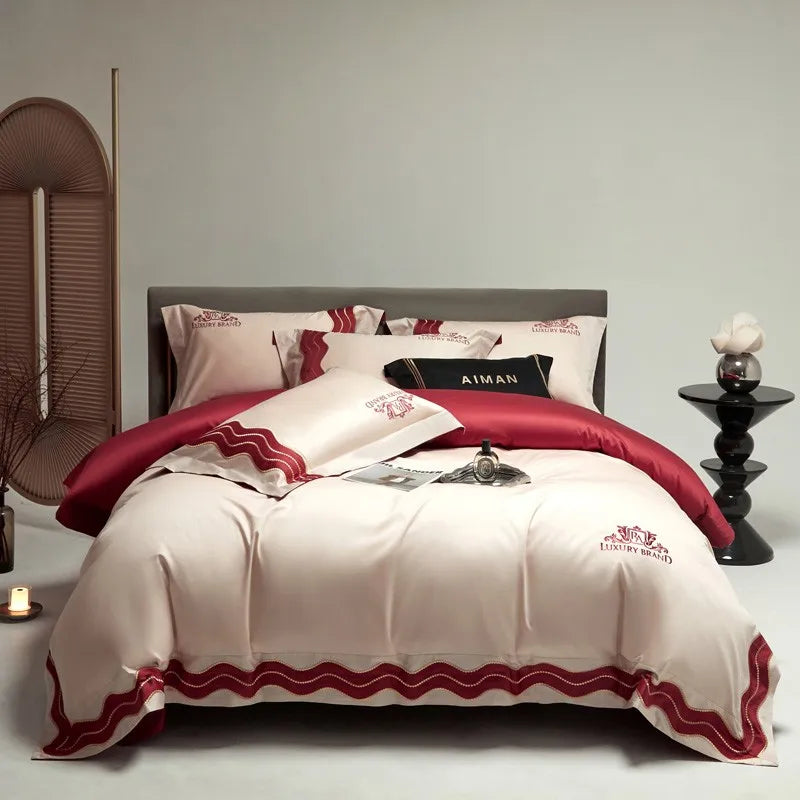 Couverture de lit de marque de luxe Red beige (100% coton égyptien)