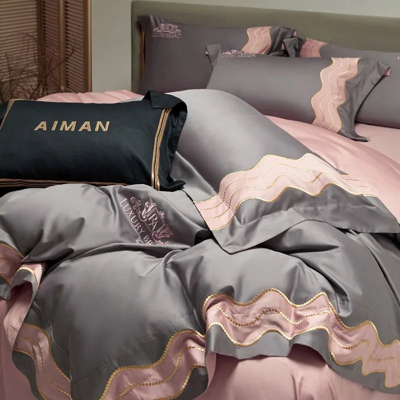 Couverture de lit de feu de luxe rose gris (coton 100% égyptien)
