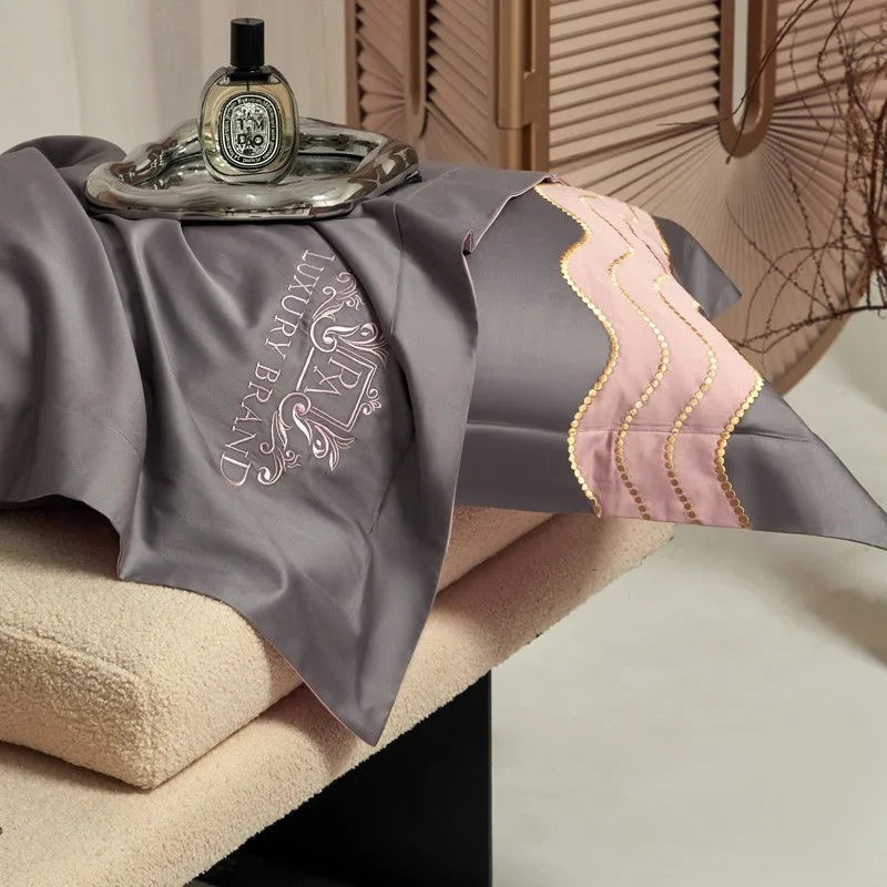 Couverture de lit de feu de luxe rose gris (coton 100% égyptien)