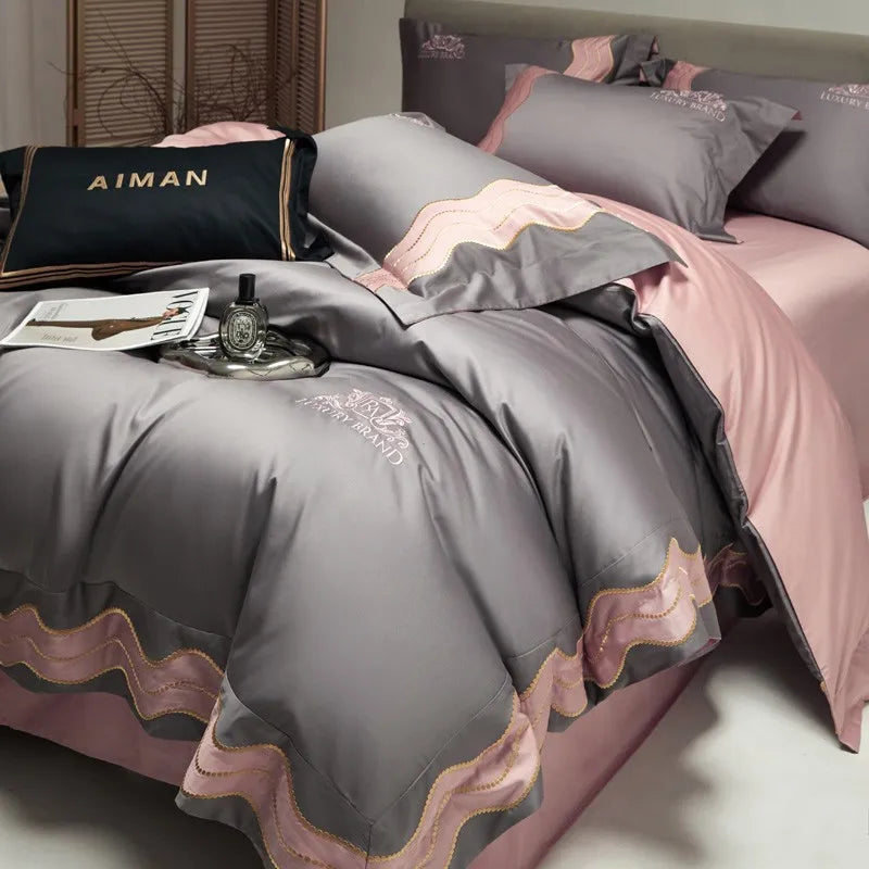 Couverture de lit de feu de luxe rose gris (coton 100% égyptien)