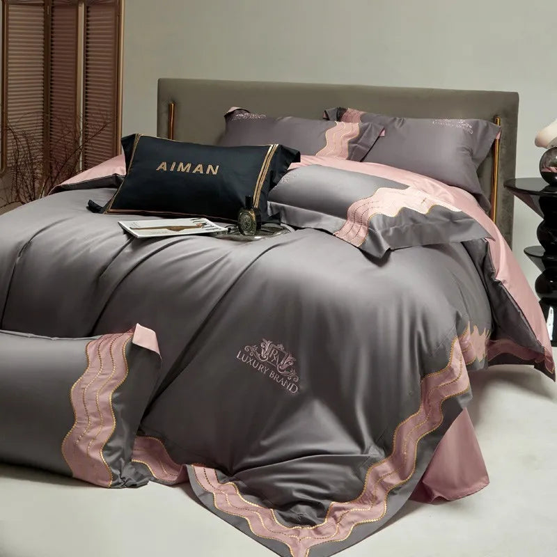 Couverture de lit de feu de luxe rose gris (coton 100% égyptien)