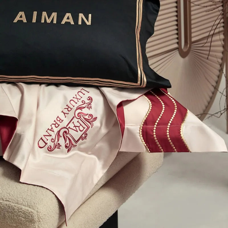 Couverture de lit de marque de luxe Red beige (100% coton égyptien)