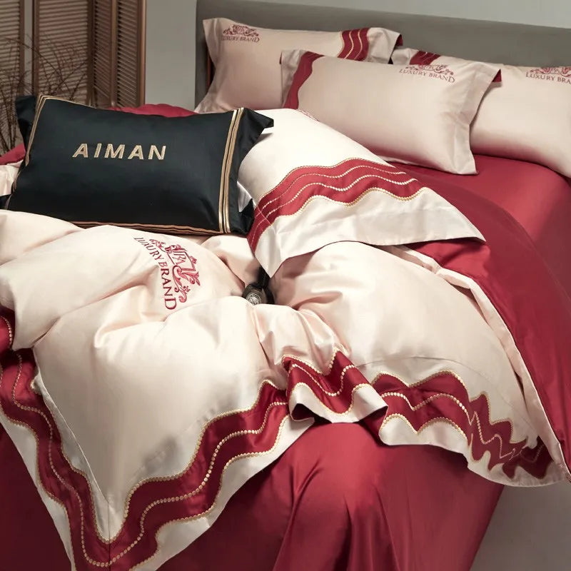 Couverture de lit de marque de luxe Red beige (100% coton égyptien)