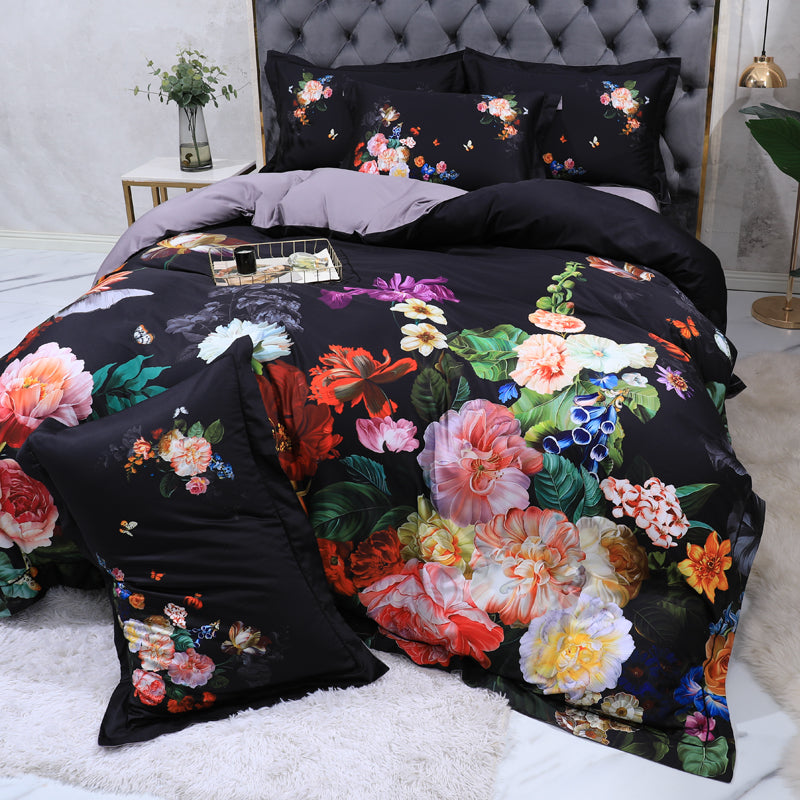 Linge de lit roses colorées sur noir (100% coton égyptien)