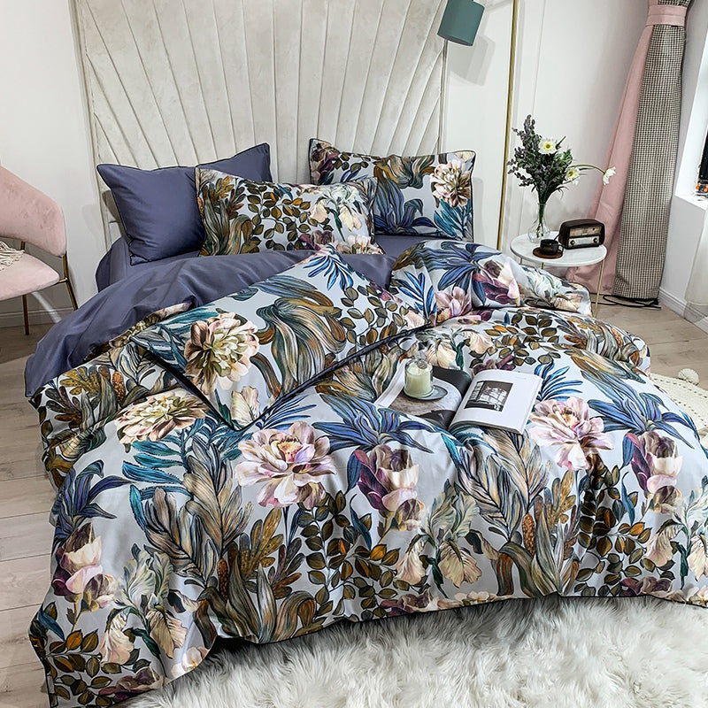 Bleu de linge de lit avec des fleurs (coton 100% égyptien)