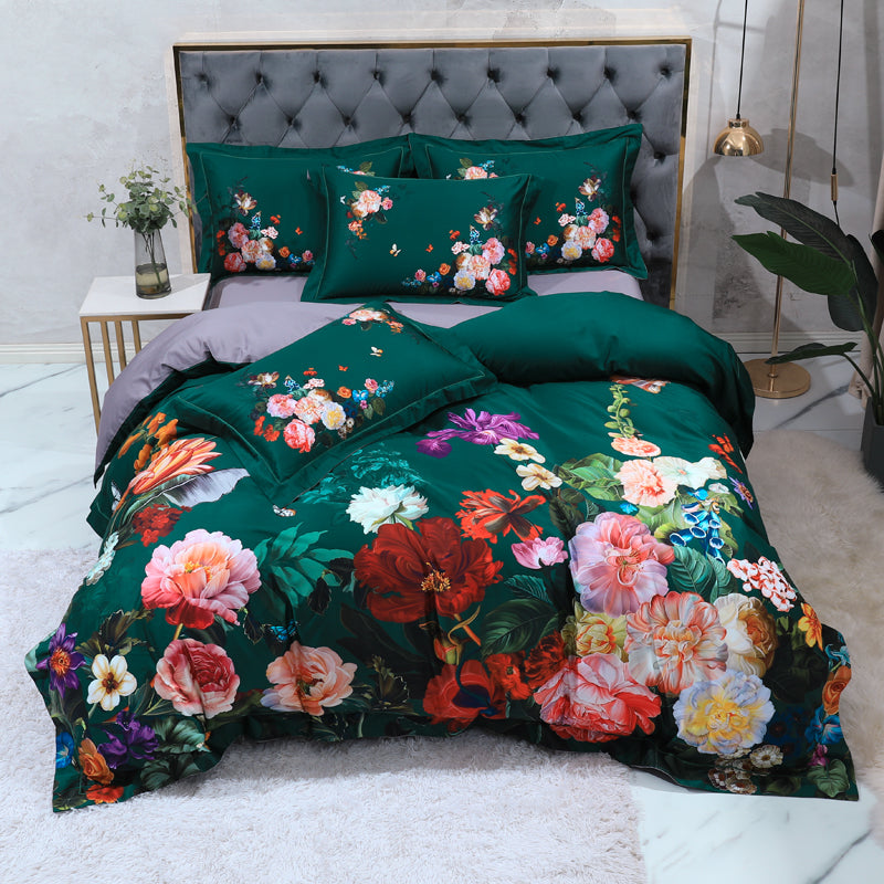 Linge de lit Roses colorées sur le vert (coton 100% égyptien)