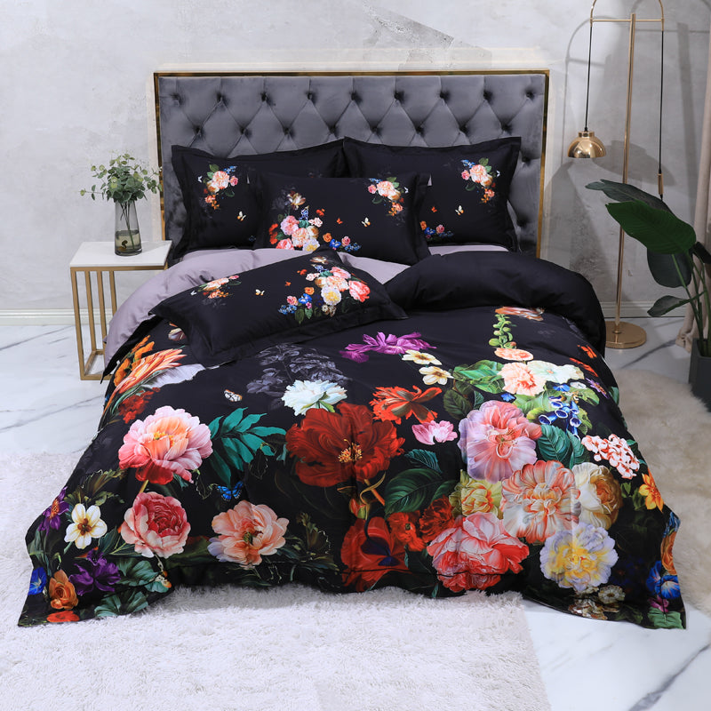 Linge de lit roses colorées sur noir (100% coton égyptien)