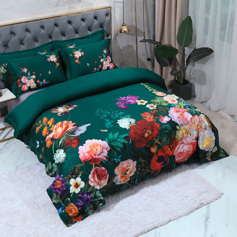 Linge de lit Roses colorées sur le vert (coton 100% égyptien)