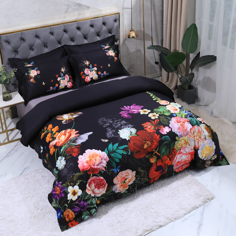 Linge de lit roses colorées sur noir (100% coton égyptien)