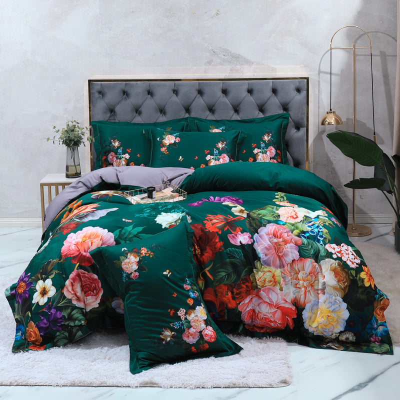 Linge de lit Roses colorées sur le vert (coton 100% égyptien)