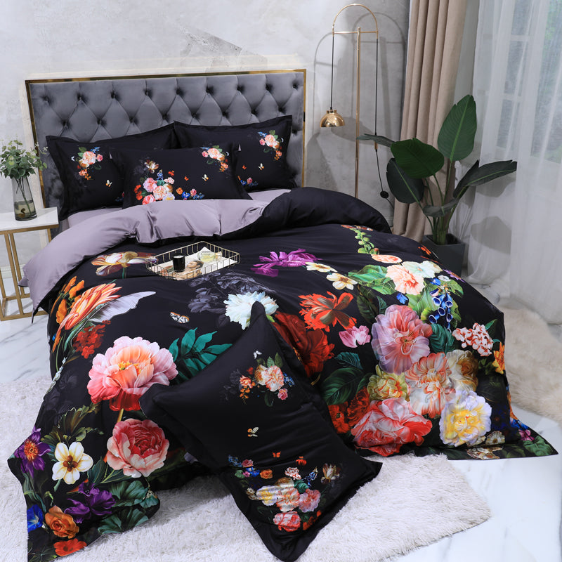 Linge de lit roses colorées sur noir (100% coton égyptien)