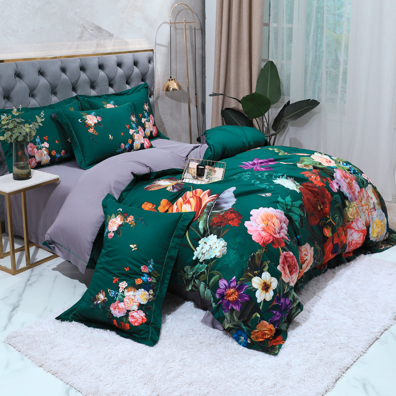 Linge de lit Roses colorées sur le vert (coton 100% égyptien)