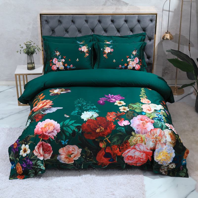 Linge de lit Roses colorées sur le vert (coton 100% égyptien)