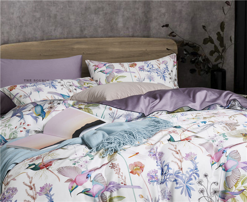 Bed linen birds with flowers violet (100% Egyptian cotton)