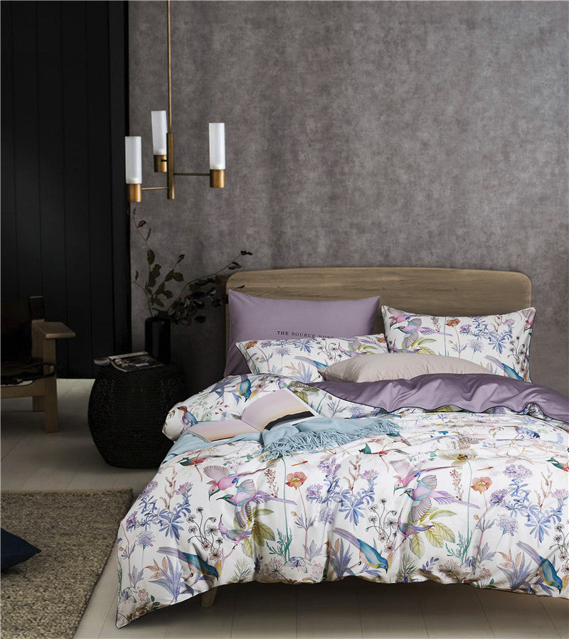 Bed linen birds with flowers violet (100% Egyptian cotton)