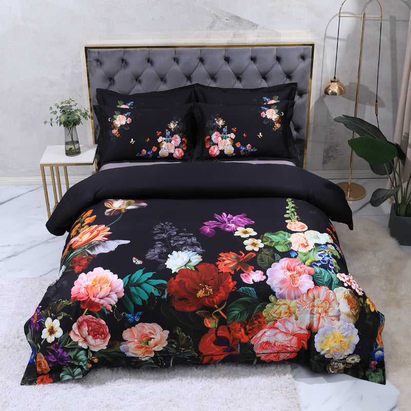 Linge de lit roses colorées sur noir (100% coton égyptien)