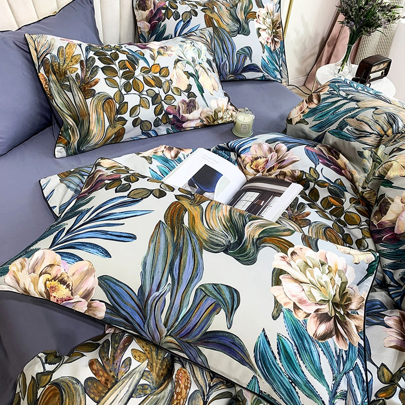 Blu di lino a letto con fiori (cotone egiziano al 100%)