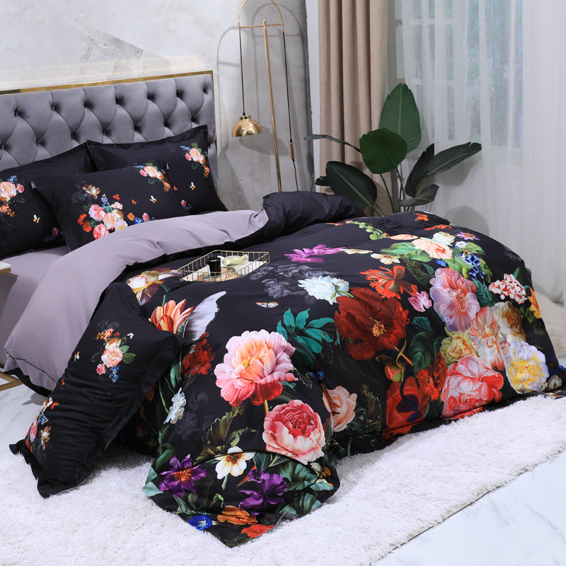 Linge de lit roses colorées sur noir (100% coton égyptien)