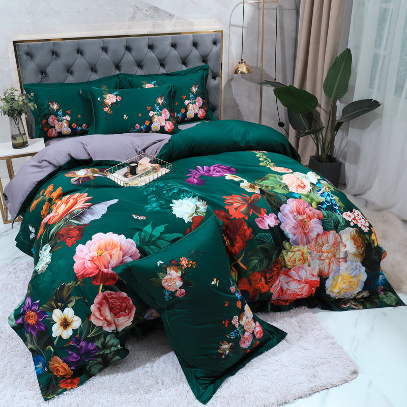 Linge de lit Roses colorées sur le vert (coton 100% égyptien)