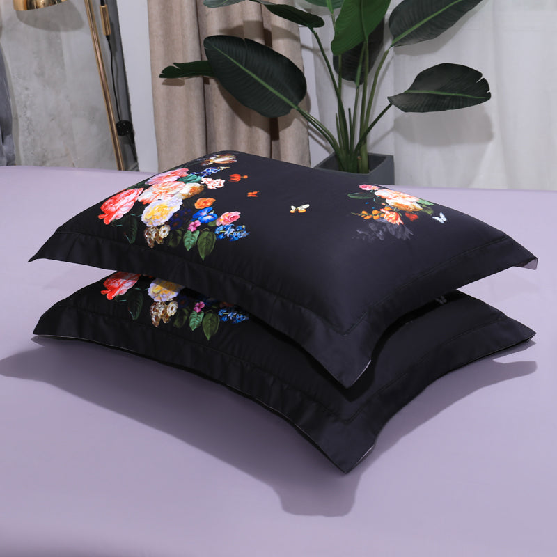 Linge de lit roses colorées sur noir (100% coton égyptien)