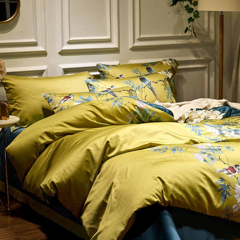 Lince da letto con uccelli e fiori giallo (cotone egiziano al 100%)