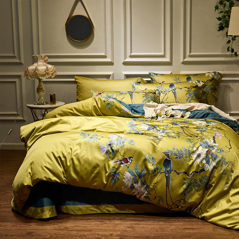 Bed linen with birds and flowers yellow (100% Egyptian cotton)