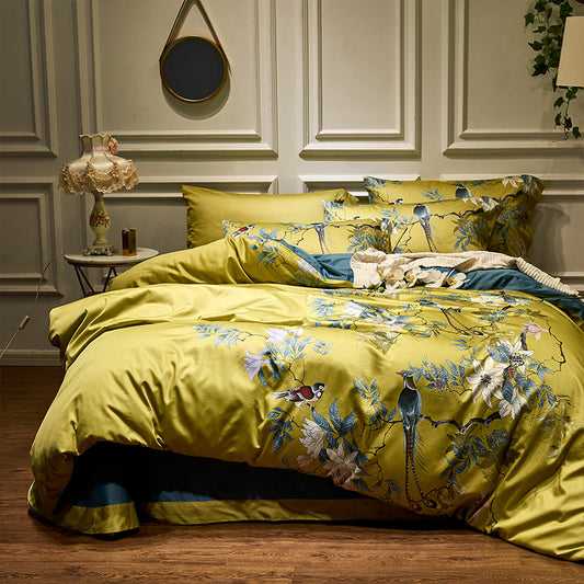 Lince da letto con uccelli e fiori giallo (cotone egiziano al 100%)